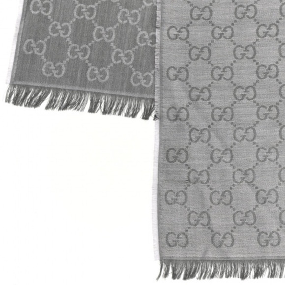 GUCCI Wool Silk Monogram GGWeblong Fringe Scarf Shawl “Pearl Medium Grey” - Picture 2 of 9